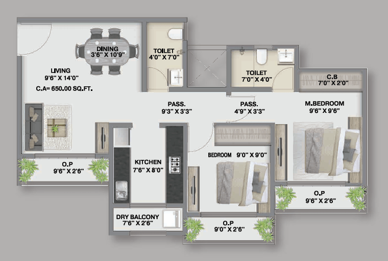 Enviro Affinity 2 Bhk Unit Plan 650 sq
